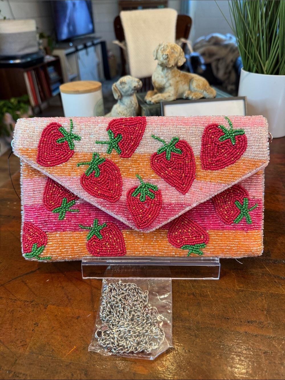 Beaded Strawberry Envelope Clutch - Pink, Orange & Red